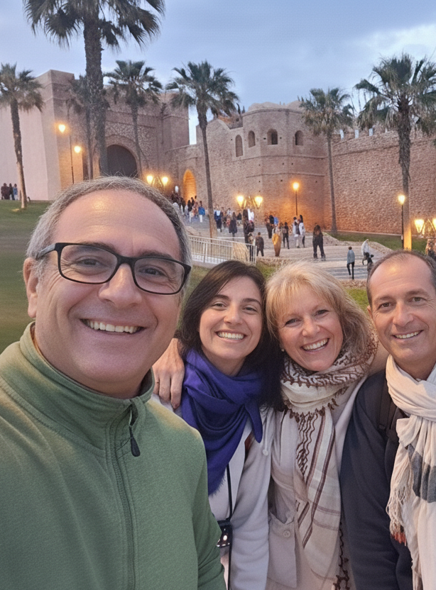 People doing a selfie in front of an imperial wall in Morocco